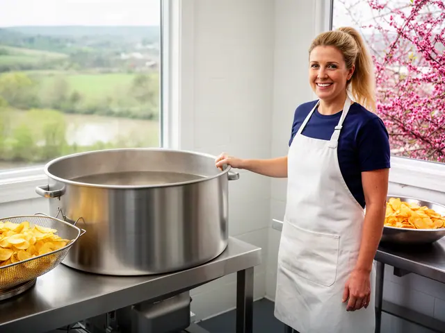 A smiling chip maker in a white apron beside a new stainless-steel kettle fryer with baskets of fresh chips.