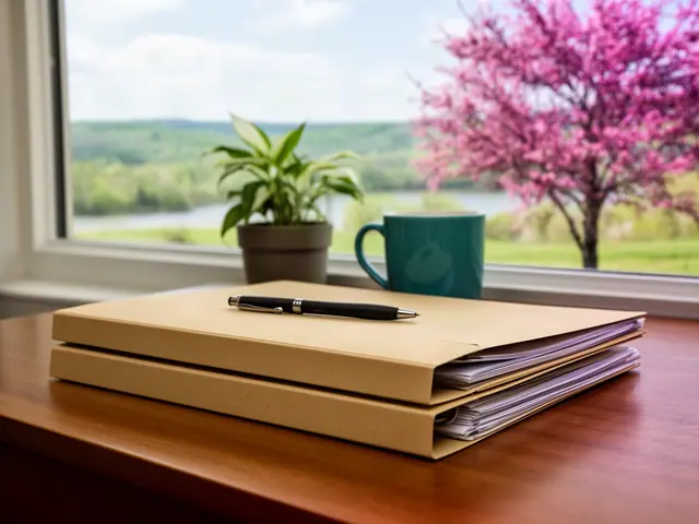 A neat stack of closed manila folders and a pen on a desk by a window.