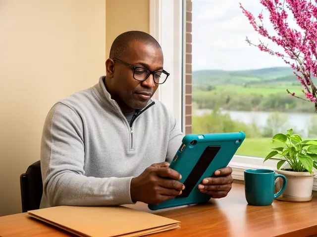 A man with a shaved head and black-framed glasses reviewing a tablet at a desk in a small back office.