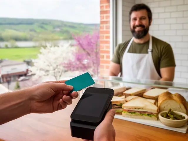 A customer taps a teal card on a terminal at a sandwich shop counter.