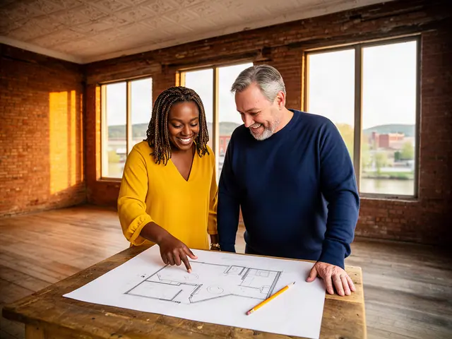 Two business partners looking over a pencil floor sketch in an empty storefront.