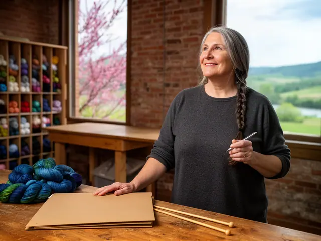 A smiling yarn dyer in a gray sweater at a worktable with skeins of hand-dyed yarn and a closed folder.